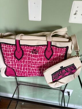 Canvas Tote and Pouch Set - Hot Pink and Cream Fashion Bag